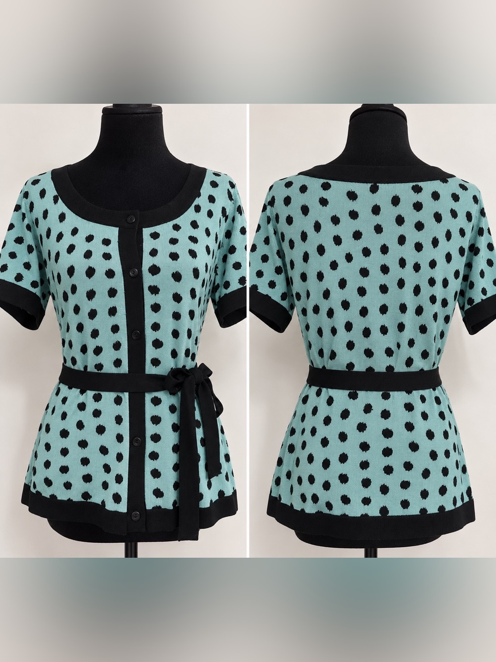 Vintage - NWT Mint Polka Dot Button-Front Knit Sweater with Black Trim 🩵🖤